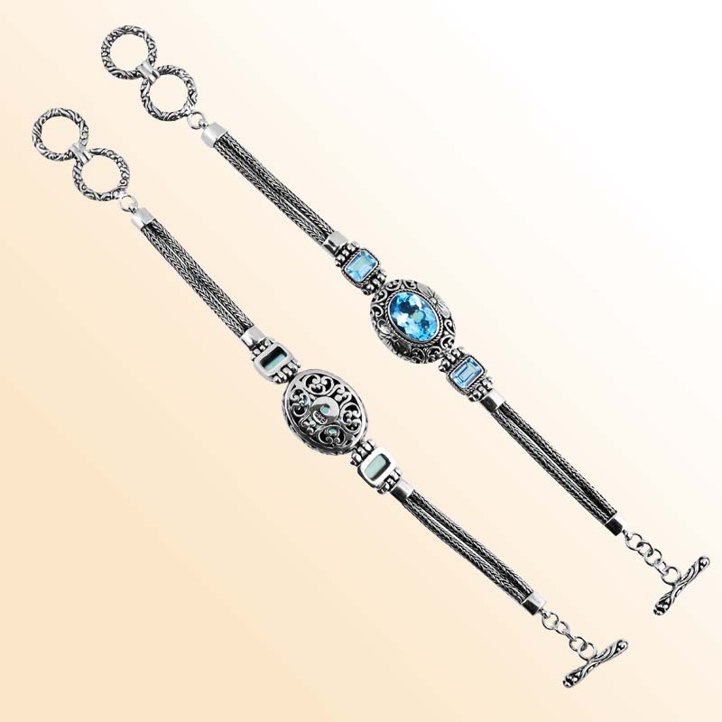Handcrafted Sterling Silver Bracelet Featuring Blue Topaz Quartz Stones With Ornate Scrollwork And Woven Silver Links