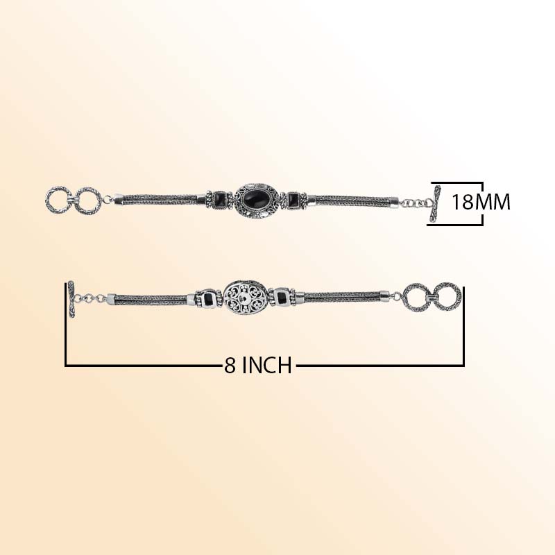 Handcrafted Sterling Silver Bracelet Featuring Black Onyx Stones With Ornate Scrollwork And Woven Silver Links