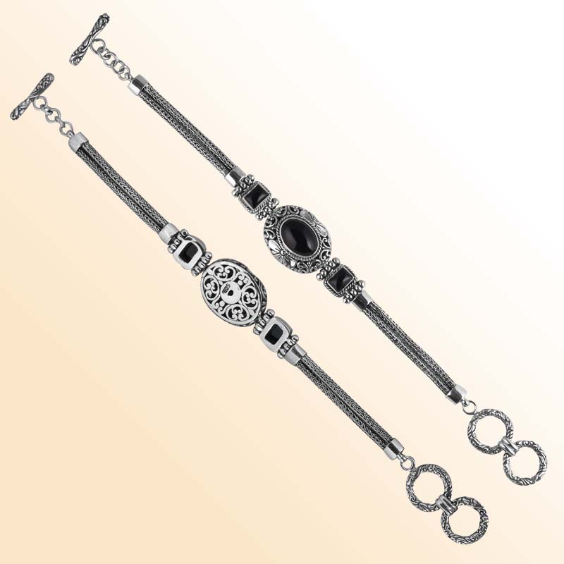 Handcrafted Sterling Silver Bracelet Featuring Black Onyx Stones With Ornate Scrollwork And Woven Silver Links