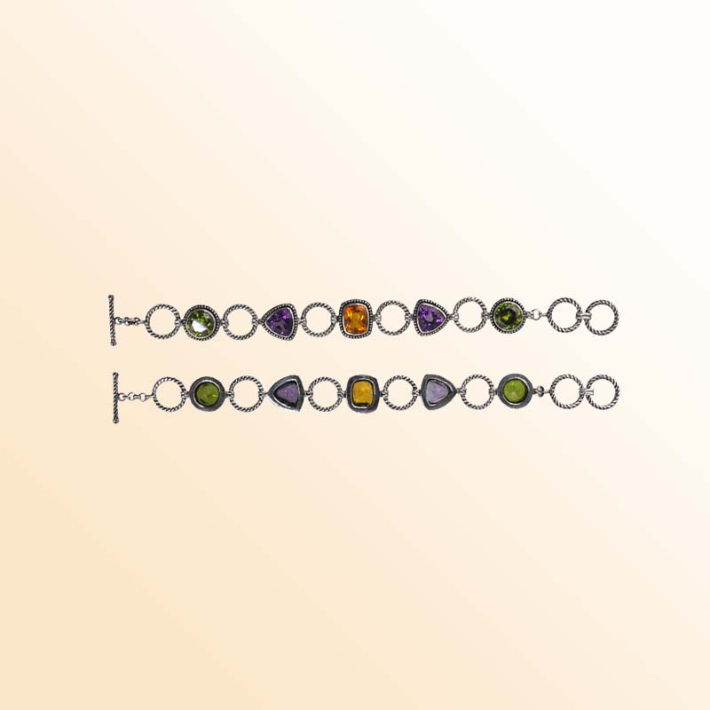 Sterling silver multi stone bracelet with Amethyst, Citrine, Peridot, and Chalcedony Quartz handcrafted in Bali