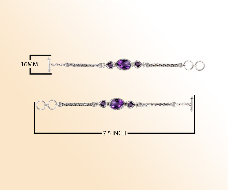 Handcrafted Sterling Silver Bracelet Featuring Amethyst Quartz Oval And Trillion Stones With Woven Chain Links