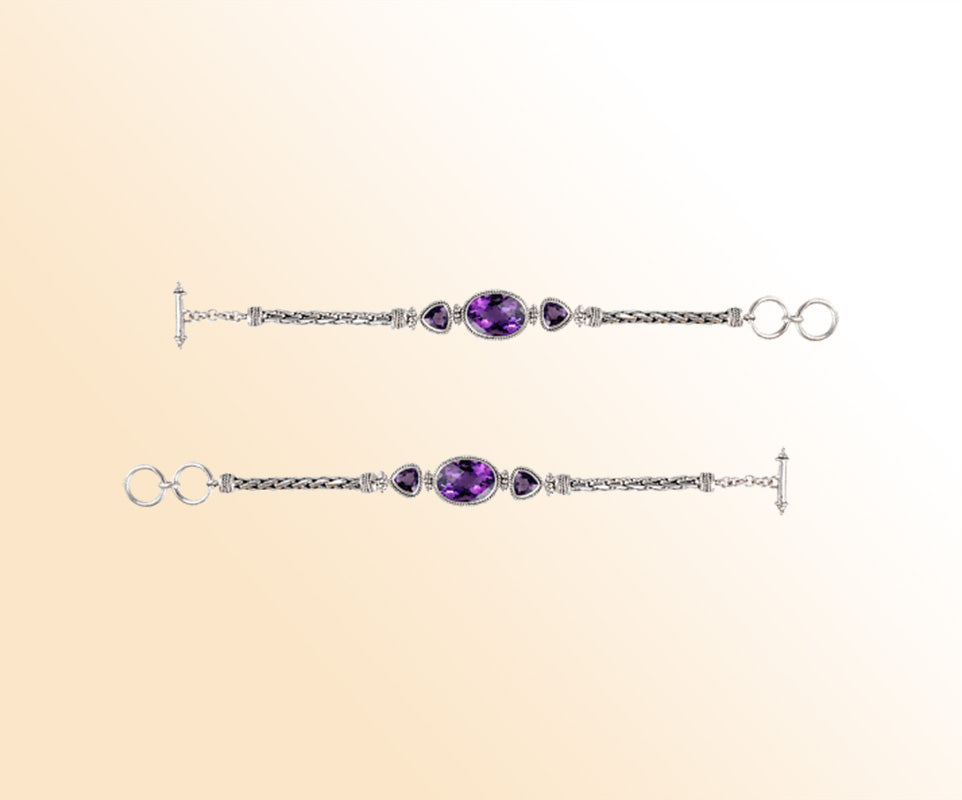 Handcrafted Sterling Silver Bracelet Featuring Amethyst Quartz Oval And Trillion Stones With Woven Chain Links