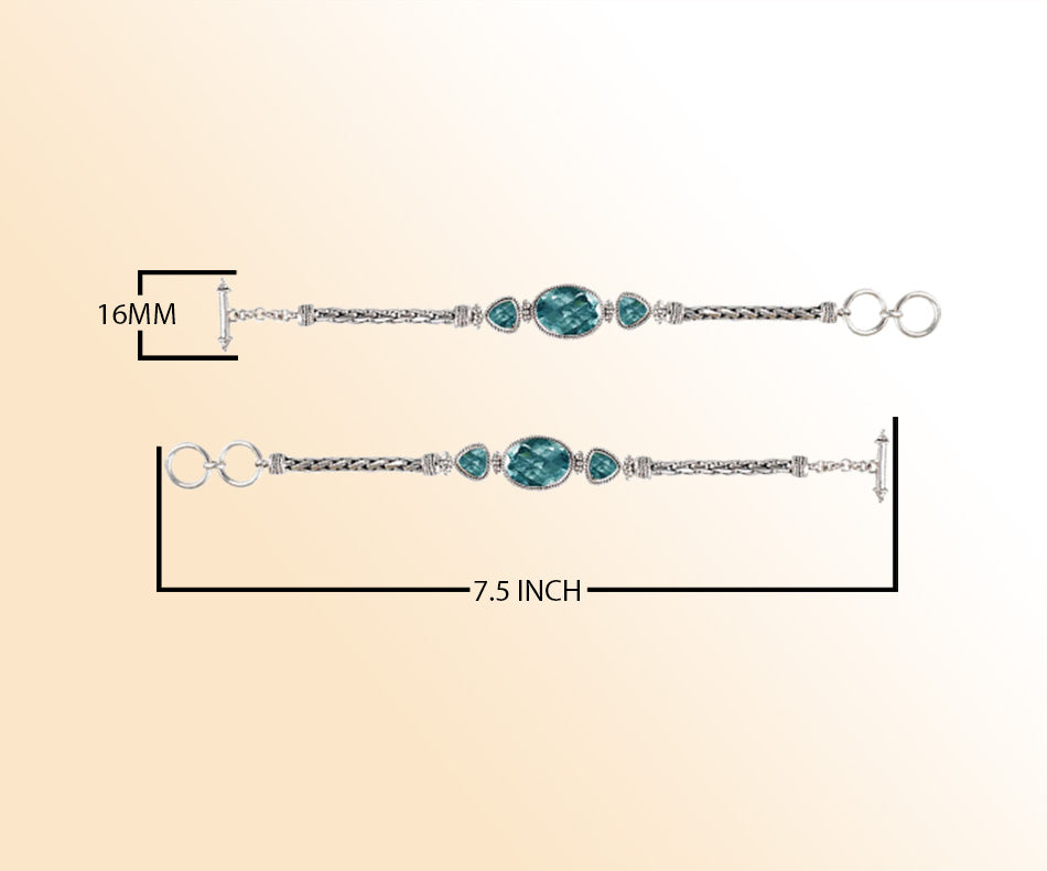 Handcrafted Sterling Silver Bracelet Featuring Blue Topaz Quartz Oval And Trillion Stones With Woven Chain Links