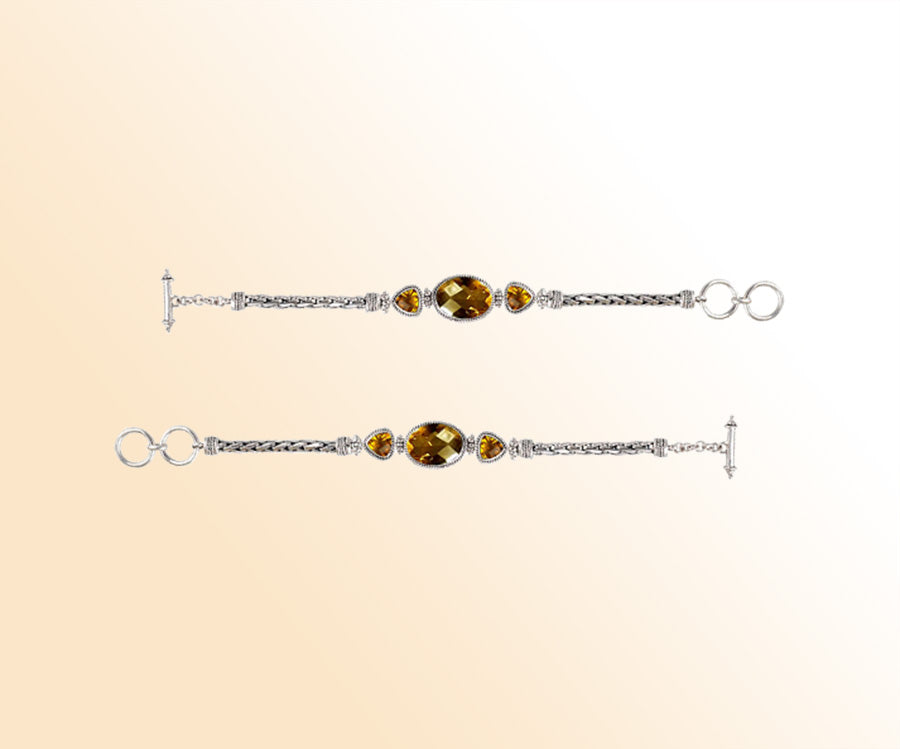 Handcrafted Sterling Silver Bracelet Featuring Citrine Quartz Oval And Trillion Stones With Woven Chain Links