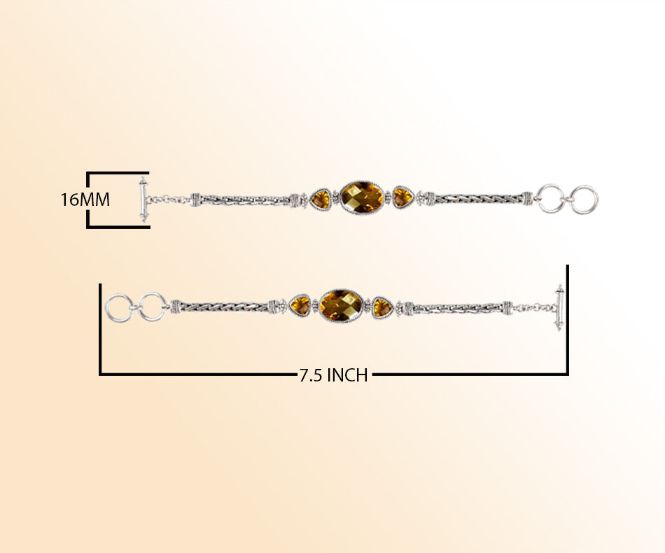Handcrafted Sterling Silver Bracelet Featuring Citrine Quartz Oval And Trillion Stones With Woven Chain Links