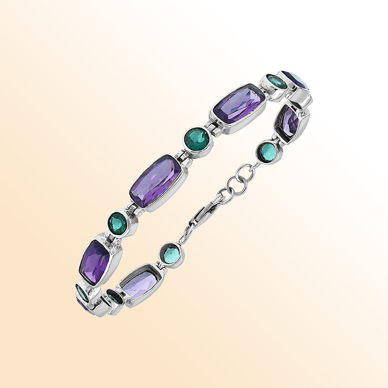 Sterling silver bracelet with Green Quartz and Amethyst Quartz handcrafted in Bali