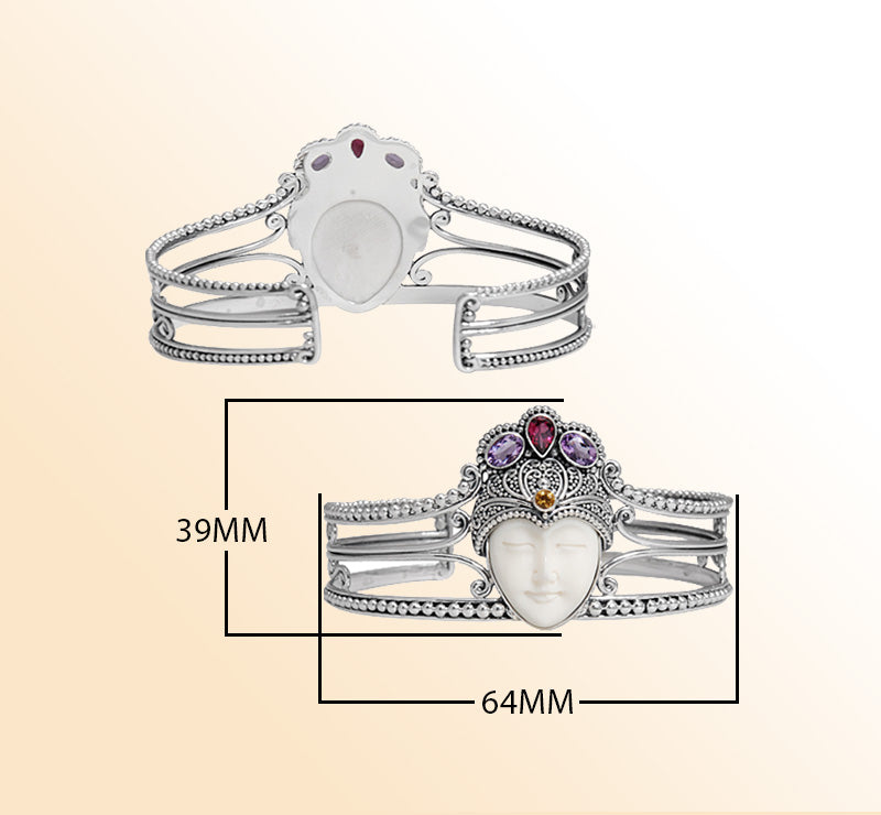 Handcrafted Sterling Silver Balinese Cuff Bracelet With Bone Face Garnet Quartz Citrine Quartz And Amethyst Quartz Stones