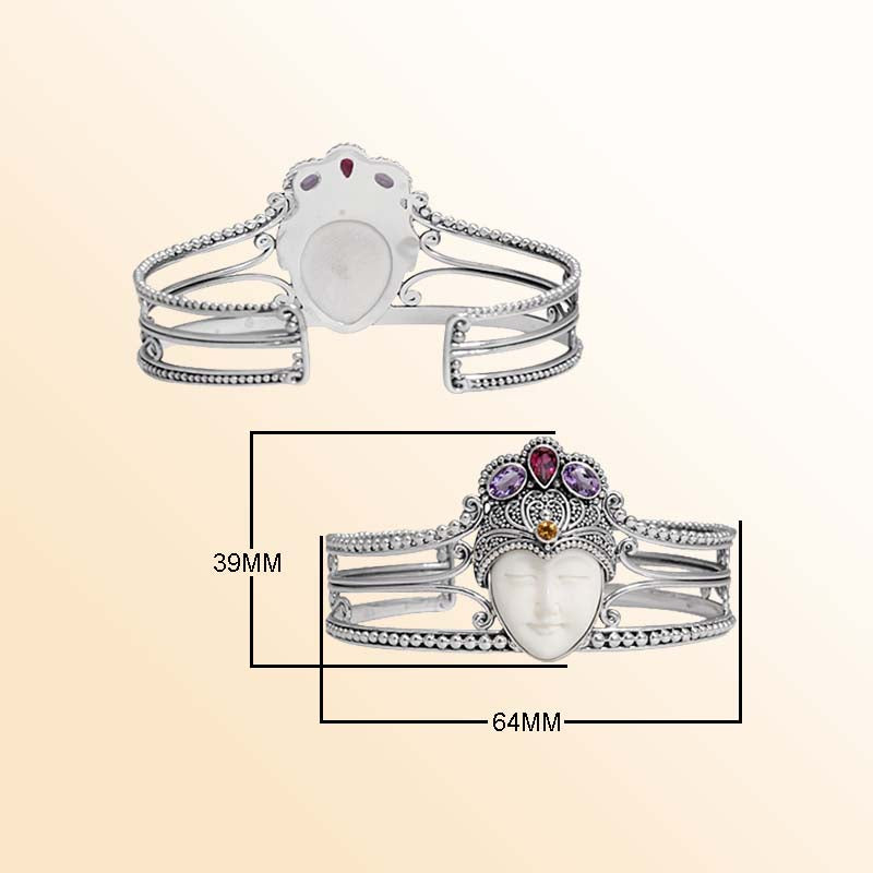 Handcrafted Sterling Silver Balinese Cuff Bracelet With Bone Face Garnet Quartz Citrine Quartz And Amethyst Quartz Stones