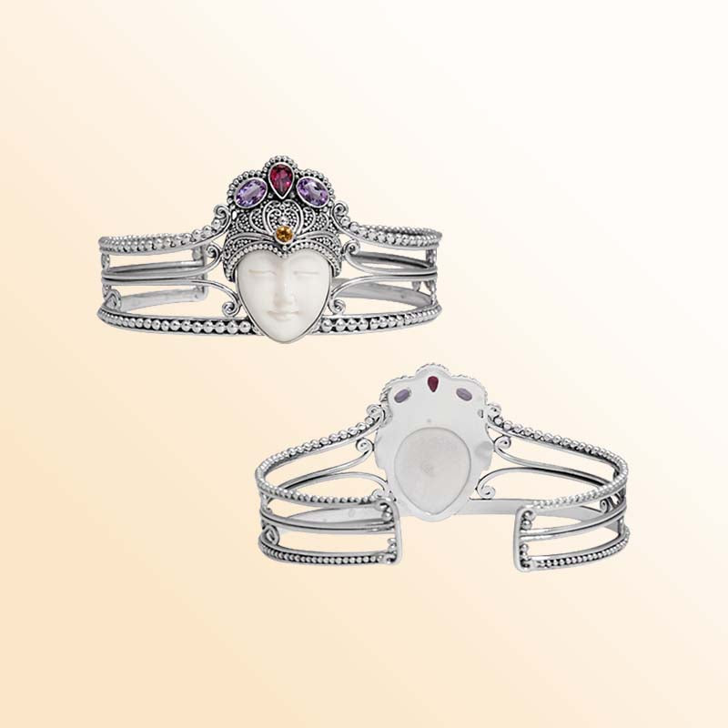 Handcrafted Sterling Silver Balinese Cuff Bracelet With Bone Face Garnet Quartz Citrine Quartz And Amethyst Quartz Stones