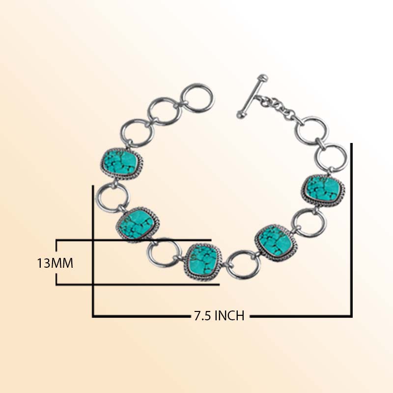 Handcrafted Sterling Silver Bracelet Featuring Turquoise Shell Cushion Accents In Rope Bezels And Silver Rings