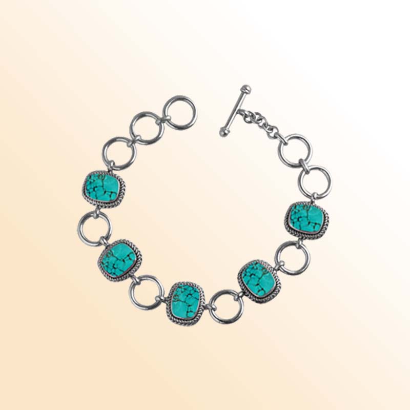Handcrafted Sterling Silver Bracelet Featuring Turquoise Shell Cushion Accents In Rope Bezels And Silver Rings