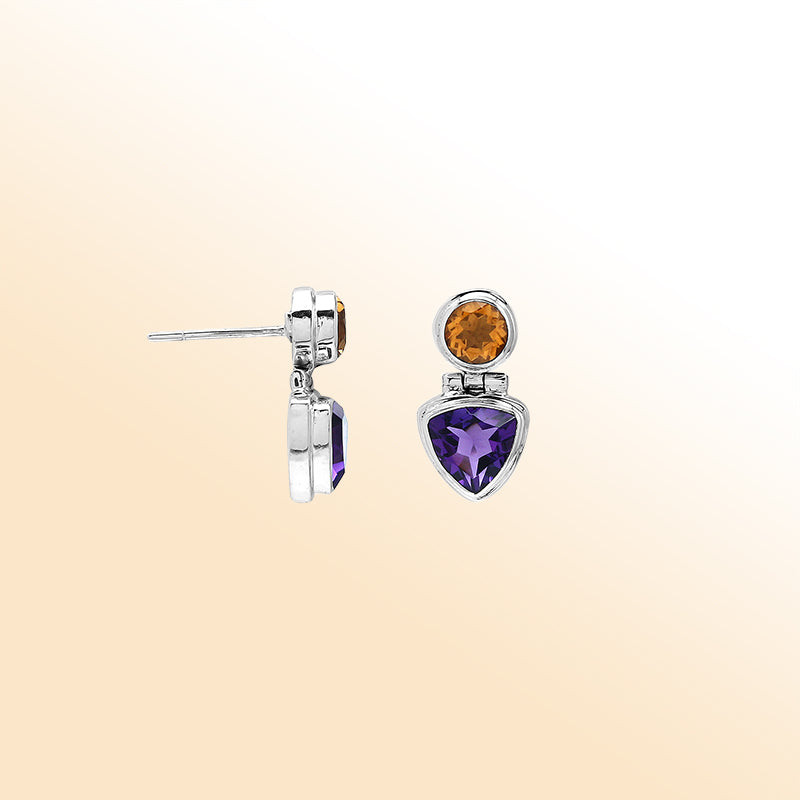 Handcrafted sterling silver Citrine Quartz and Amethyst Quartz dual drop earrings with bezel design