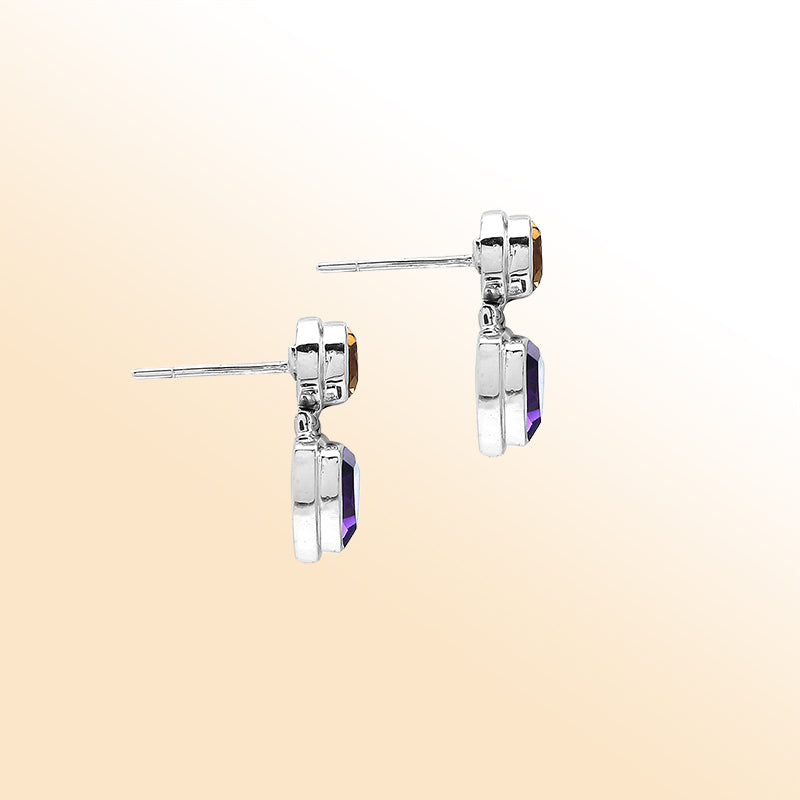 Handcrafted sterling silver Citrine Quartz and Amethyst Quartz dual drop earrings with bezel design