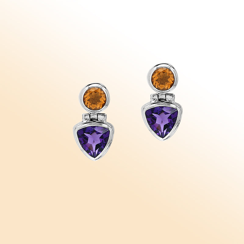 Handcrafted sterling silver Citrine Quartz and Amethyst Quartz dual drop earrings with bezel design