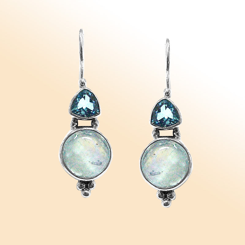 Handcrafted sterling silver Blue Topaz Quartz and Rainbow Moonstone dual drop earrings with Bali design
