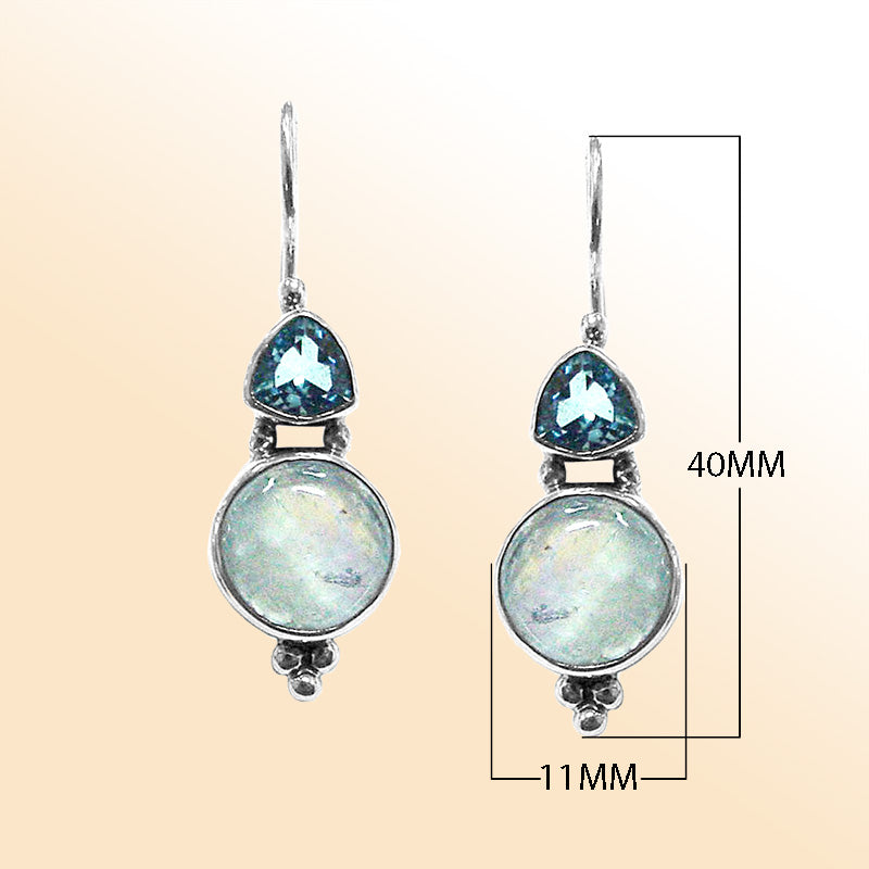 Handcrafted sterling silver Blue Topaz Quartz and Rainbow Moonstone dual drop earrings with Bali design