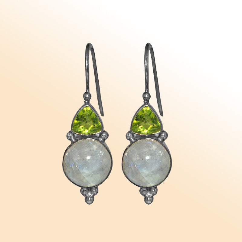 Handcrafted sterling silver Peridot Quartz and Rainbow Moonstone dual drop earrings with Bali detailing