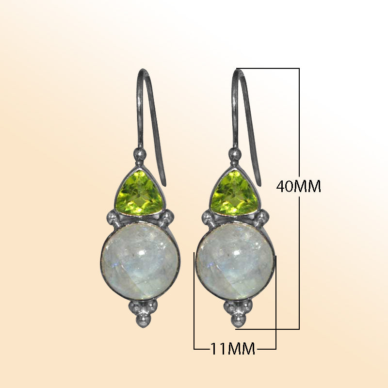Handcrafted sterling silver Peridot Quartz and Rainbow Moonstone dual drop earrings with Bali detailing