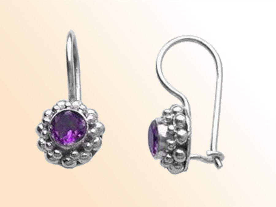 Handcrafted sterling silver Amethyst Quartz earrings with kidney wire and beaded Bali frame