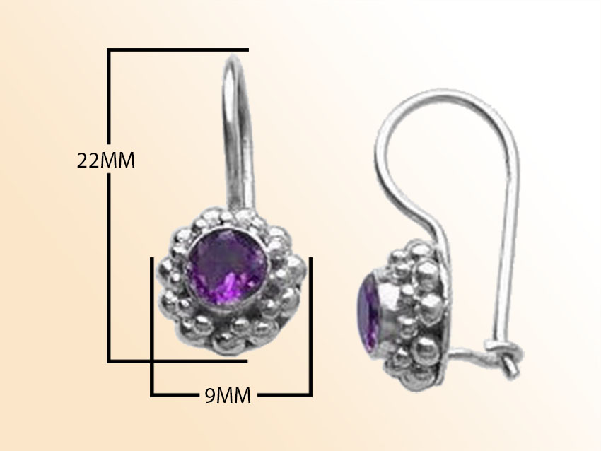 Handcrafted sterling silver Amethyst Quartz earrings with kidney wire and beaded Bali frame
