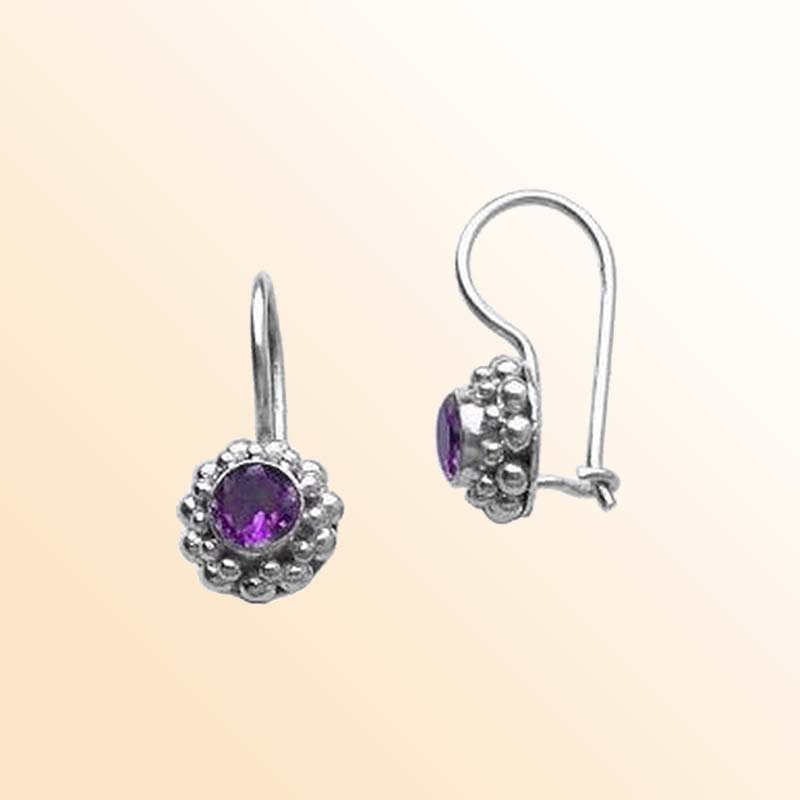Handcrafted sterling silver Amethyst Quartz earrings with kidney wire and beaded Bali frame