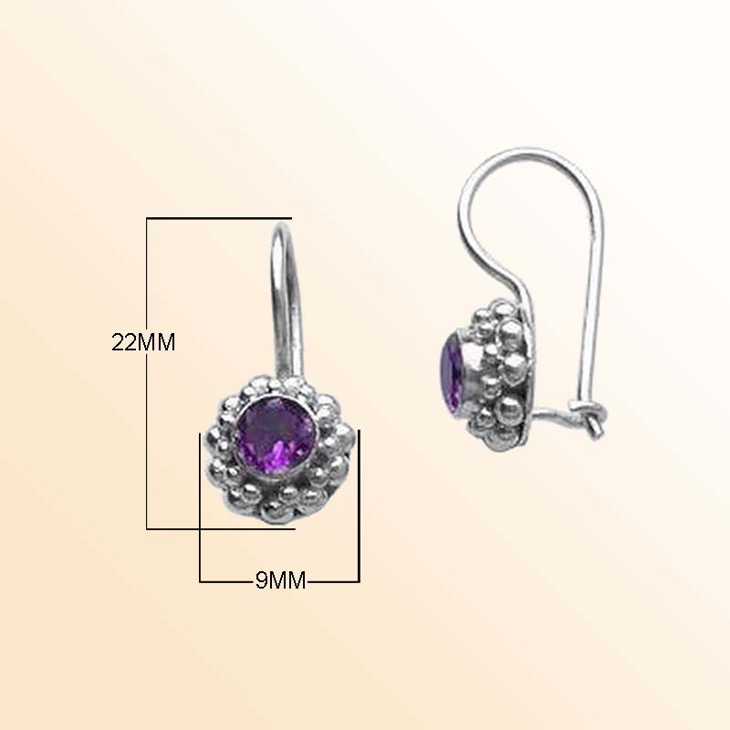 Handcrafted sterling silver Amethyst Quartz earrings with kidney wire and beaded Bali frame