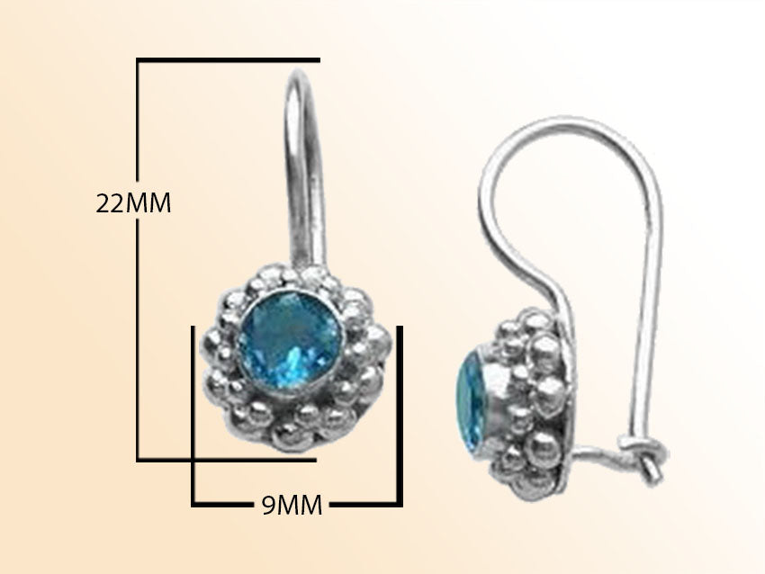 Handcrafted sterling silver Blue Topaz Quartz earrings with kidney wire and beaded Bali frame