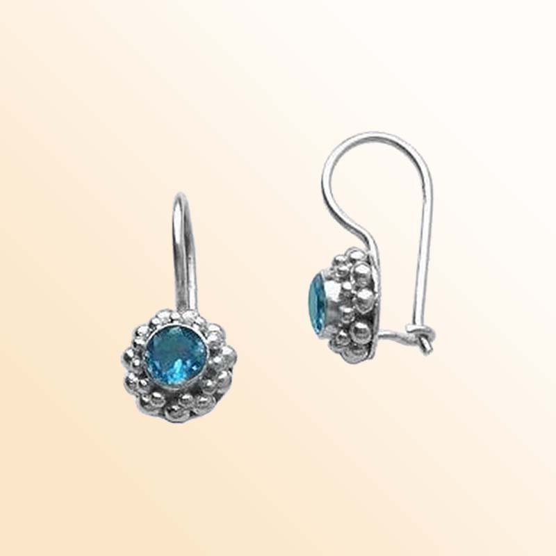 Handcrafted sterling silver Blue Topaz Quartz earrings with kidney wire and beaded Bali frame
