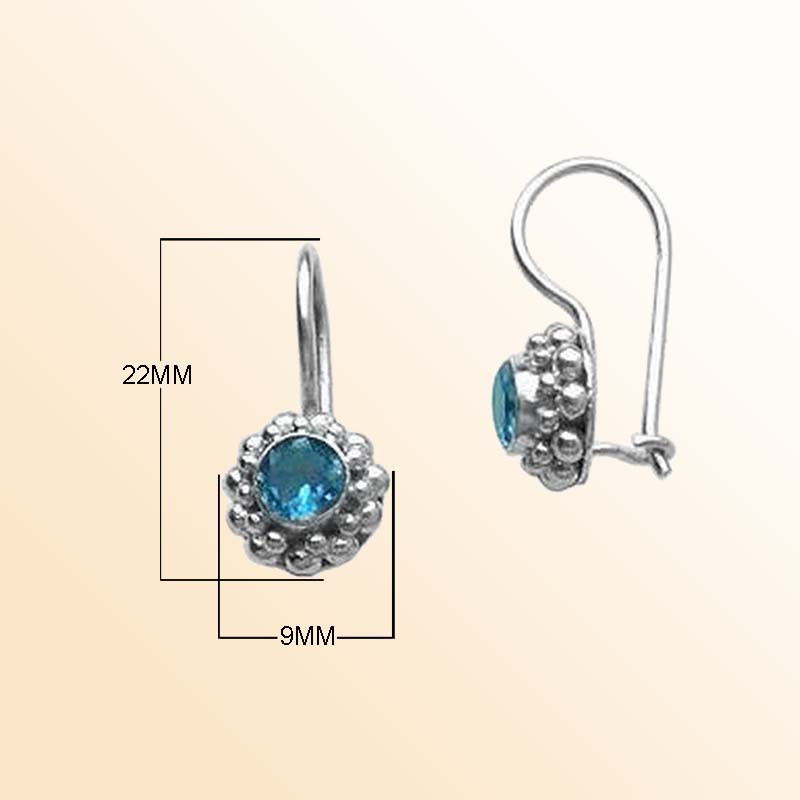 Handcrafted sterling silver Blue Topaz Quartz earrings with kidney wire and beaded Bali frame