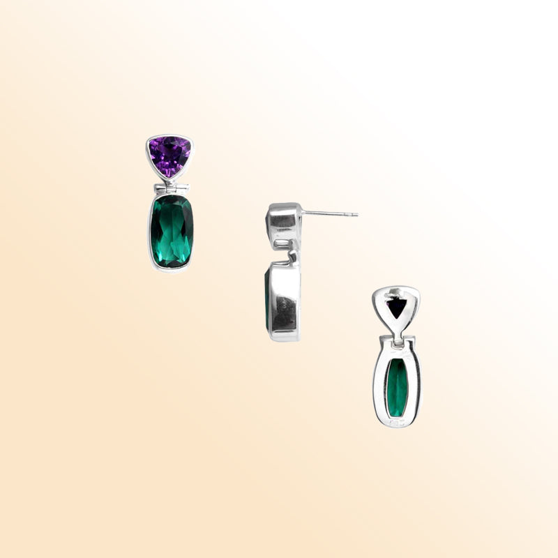 Handcrafted sterling silver Green Quartz and Amethyst Quartz dual drop earrings with Bali design