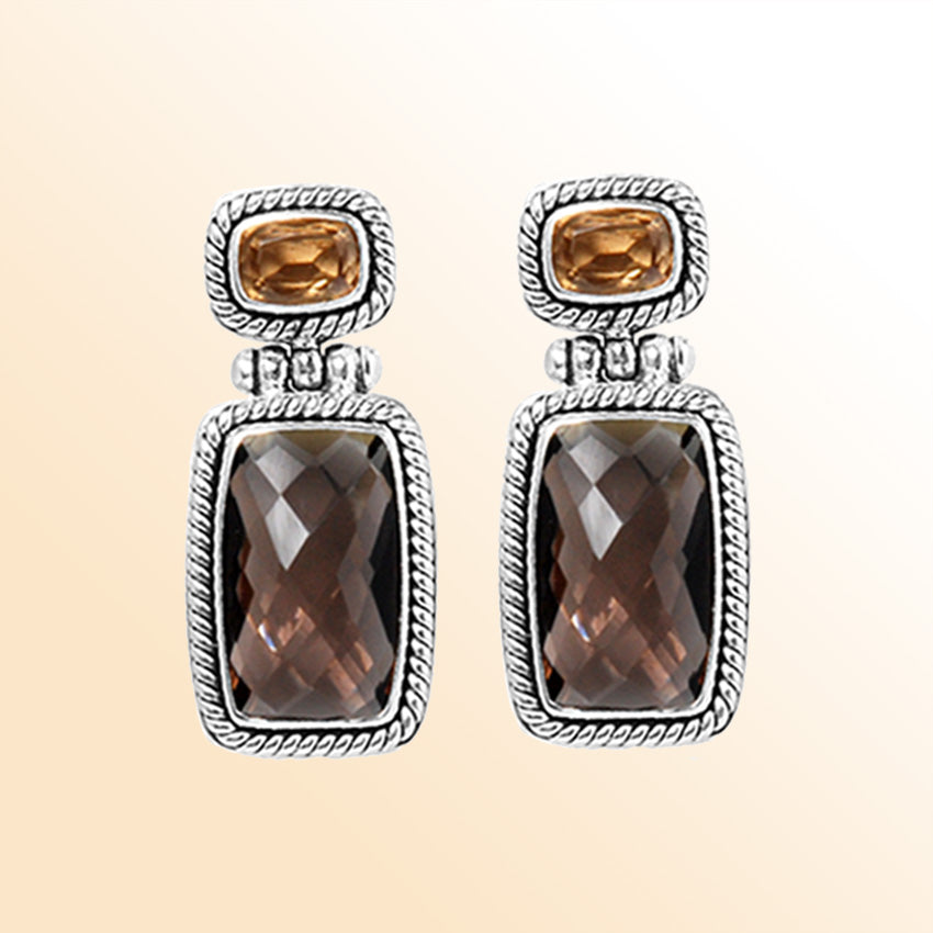 Handcrafted sterling silver Citrine Quartz and Smoky Quartz dual drop earrings with Bali rope-edged design