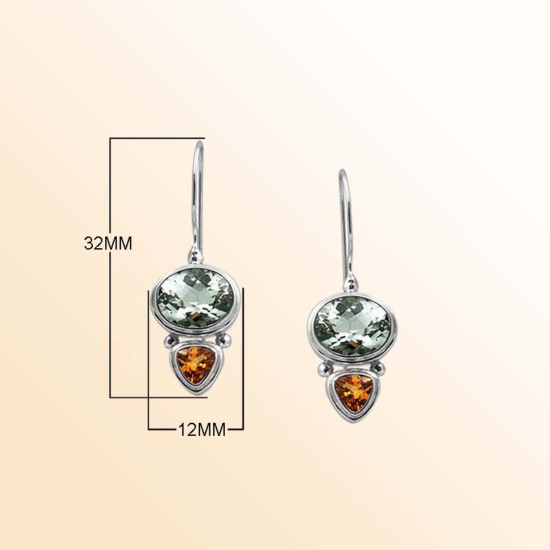 Handcrafted sterling silver Green Amethyst Quartz and Citrine Quartz dual drop earrings with Bali detailing