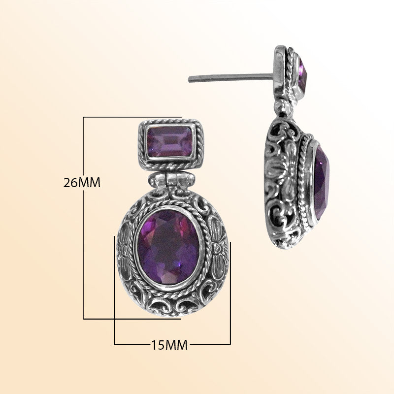 Handcrafted sterling silver Amethyst Quartz oval and rectangle earrings with ornate Bali engravings