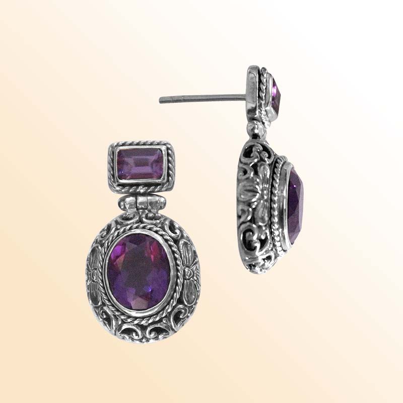 Handcrafted sterling silver Amethyst Quartz oval and rectangle earrings with ornate Bali engravings