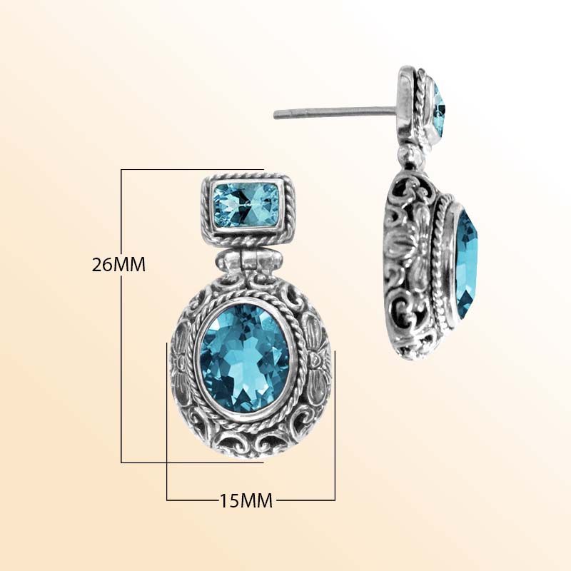 Handcrafted sterling silver Blue Quartz oval and rectangle earrings with ornate Bali engraving