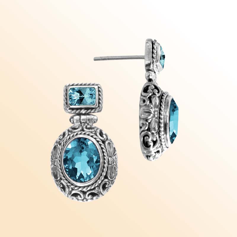 Handcrafted sterling silver Blue Quartz oval and rectangle earrings with ornate Bali engraving