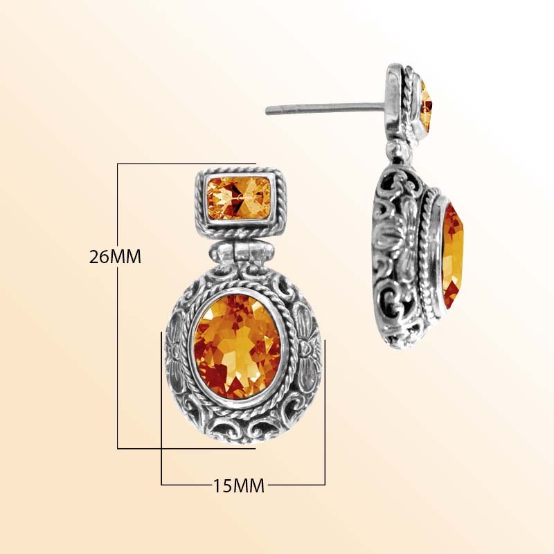 Handcrafted sterling silver Citrine Quartz oval and rectangle earrings with ornate Bali engraving