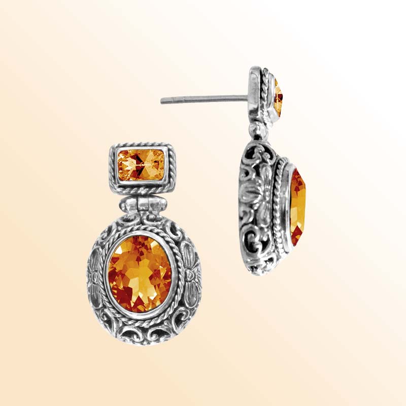 Handcrafted sterling silver Citrine Quartz oval and rectangle earrings with ornate Bali engraving
