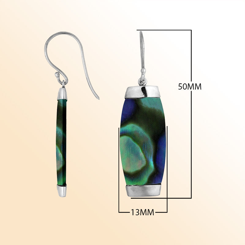 Handcrafted sterling silver Abalone Shell long curved drop earrings with Bali artisan design