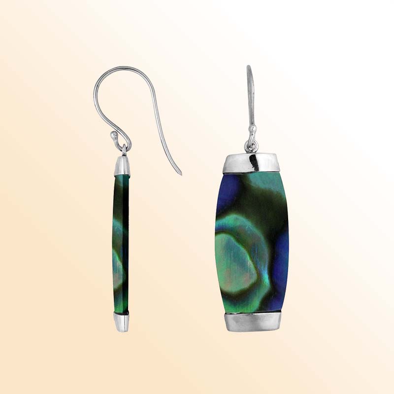 Handcrafted sterling silver Abalone Shell long curved drop earrings with Bali artisan design
