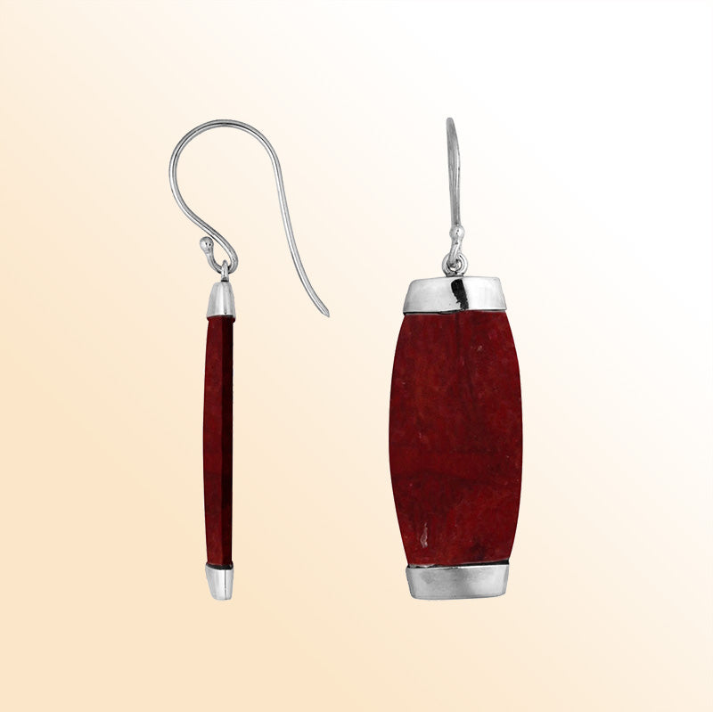 Handcrafted sterling silver Red Coral long curved drop earrings with Bali artisan design