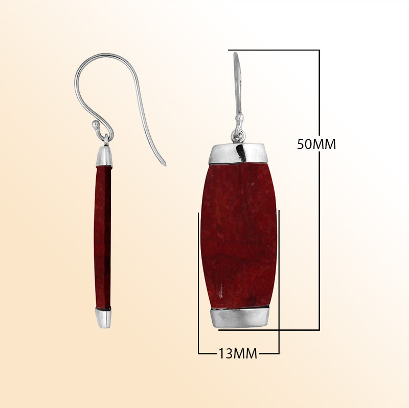 Handcrafted sterling silver Red Coral long curved drop earrings with Bali artisan design