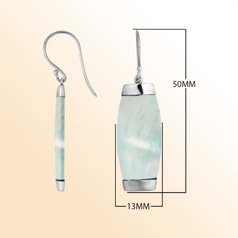 Handcrafted sterling silver Mother Of Pearl long curved drop earrings with Bali artisan design