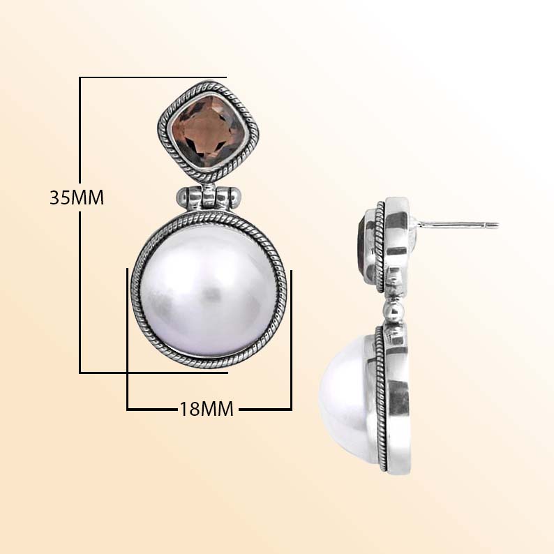 Handcrafted Sterling Silver earrings with Mabe Pearl and Smoky Quartz featuring Bali rope-edge texture and dual oxidized-polish finish.