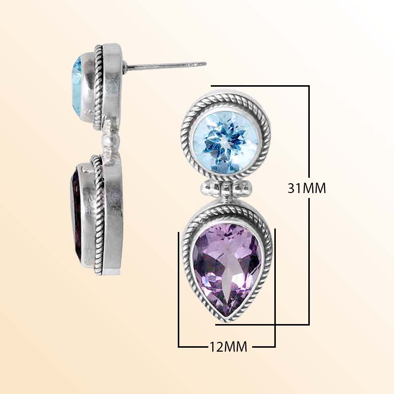 Handcrafted Sterling Silver earrings featuring Amethyst and Blue Topaz with Bali rope-edge texture and radiant dual finish.