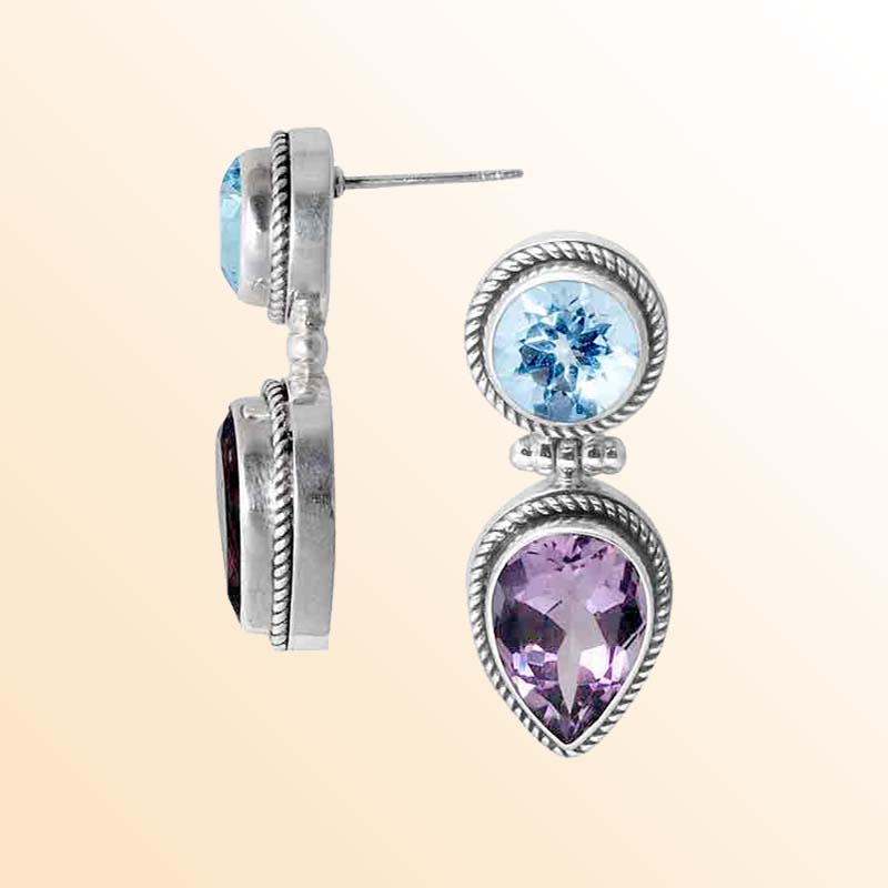 Handcrafted Sterling Silver earrings featuring Amethyst and Blue Topaz with Bali rope-edge texture and radiant dual finish.