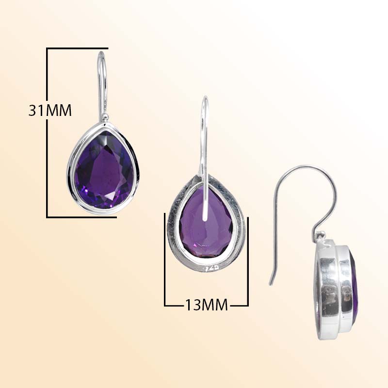 Handcrafted Sterling Silver earrings featuring pear-cut Amethyst Quartz in a polished bezel frame with elegant hook design.