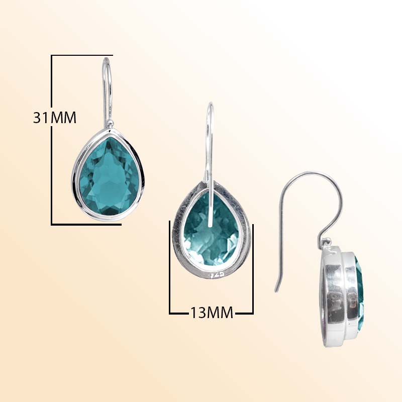 Handcrafted Sterling Silver earrings with pear-cut Blue Topaz Quartz featuring a polished bezel frame and graceful hook design.