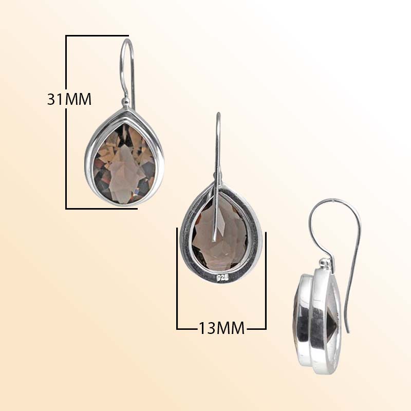 Handcrafted Sterling Silver earrings with pear-cut Smoky Quartz featuring a polished bezel frame and elegant hook design.