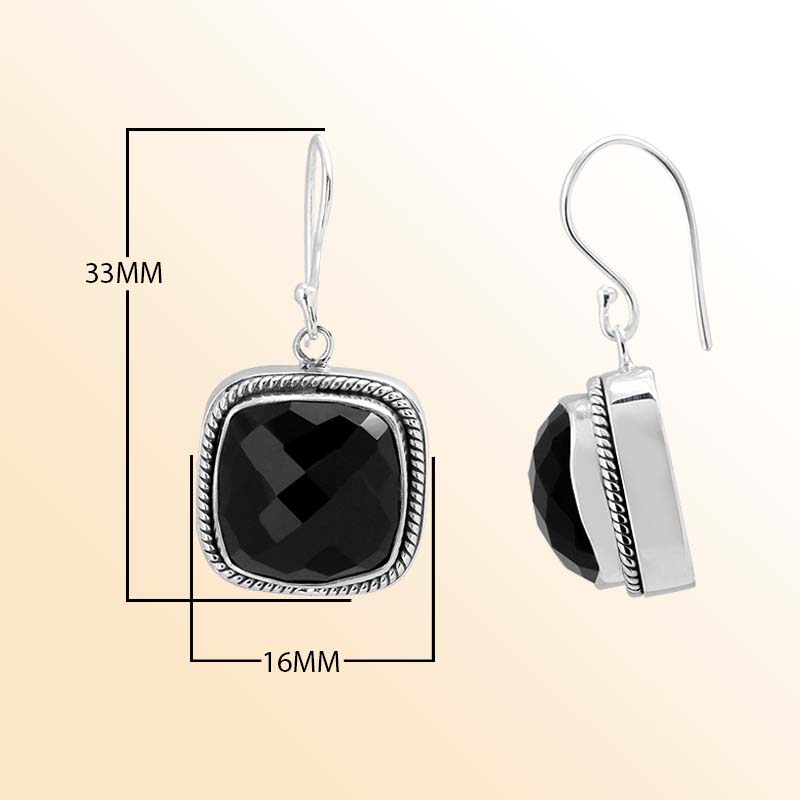 Handcrafted Sterling Silver earrings with Black Onyx stones in a cushion bezel design with rope-edge detailing.